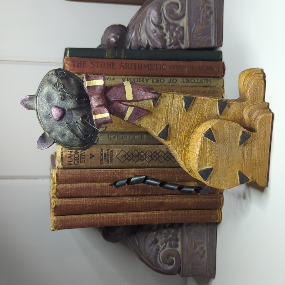 Primitive Folk Art Cat Resin Sculpture Metal Spring Tail Bow Halloween